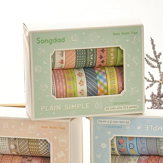 Songdao 20 Rolls Basic Washi Tape Set Japanese Arts Adhesive Tapes Simple Patterns Decorative Masking Tape Sets for Craft, Kids, Scrapbook, DIY, Gift Wrapping (Style Five)