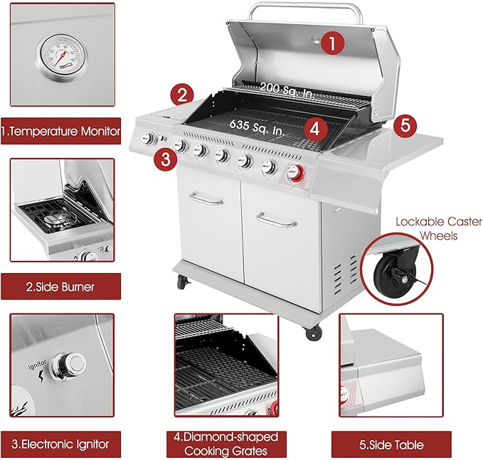 Royal Gourmet GA6402S 6-Burner Propane Gas Grill with Side Burner and Warming Rack, 74,000 BTUs, Cabinet Style Outdoor BBQ Grill for Barbecue Grilling & Backyard Cooking, Silver