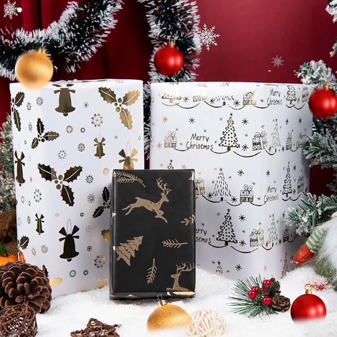 Linnoptimix Christmas Wrapping Paper Rolls -3 LARGE ROLL-27inch*78 inch per roll Colorful Foil Gold White Black Wrapping Paper (Christmas 2 White/Gold + 1 Black/Gold（004）)