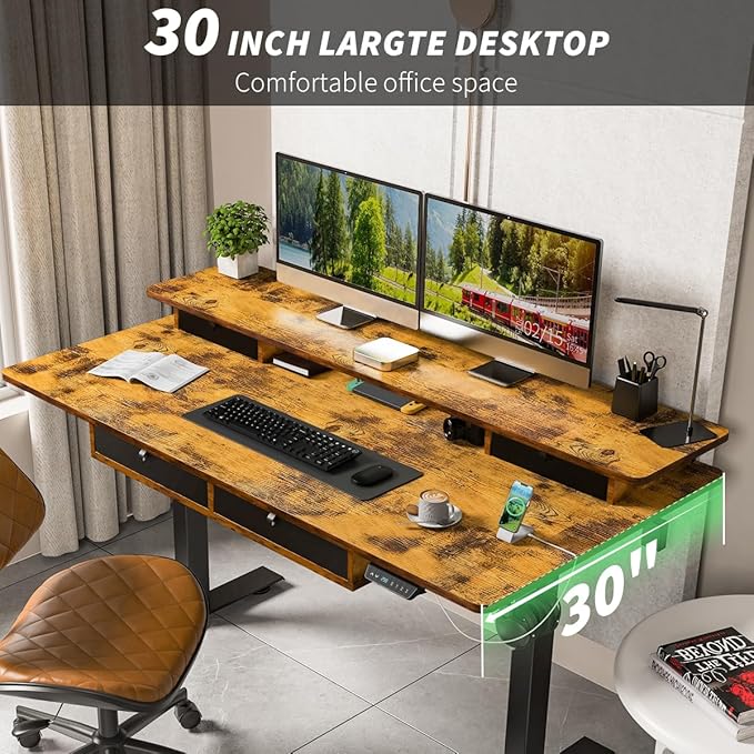 Kingant Standing Desk with Fast Charging USB Ports, 48" x 30" Height Adjustable Home Office & Gaming Desk, Sit Stand Desk with Built-in Storage Shelf, Hook & Ergonomic Design(Rustic Brown)