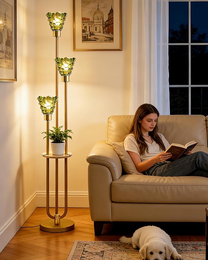 Lightdot Green Glass Floor Lamp with Shelf, 63IN Mid Century Modern Gold Standing Lamps with 3 3000K Soft Warm White Bulbs Included, Floor Lamp with 5Lbs Heavy Base for Living Room/Wedding/Office