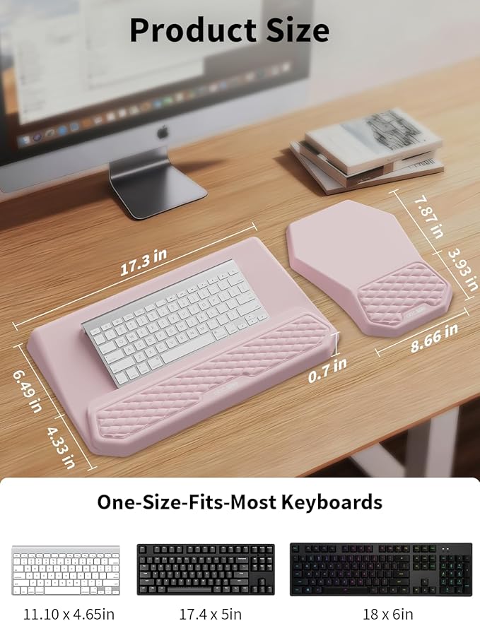 3-in-1 Ergonomic Keyboard Stand with Wrist Rest & Mouse Pad Set, Comfy Keyboard Riser Holder Soft Mousepad with Massage Design, Memory Foam and Non-Slip PU Base for Pain Relief, Pink