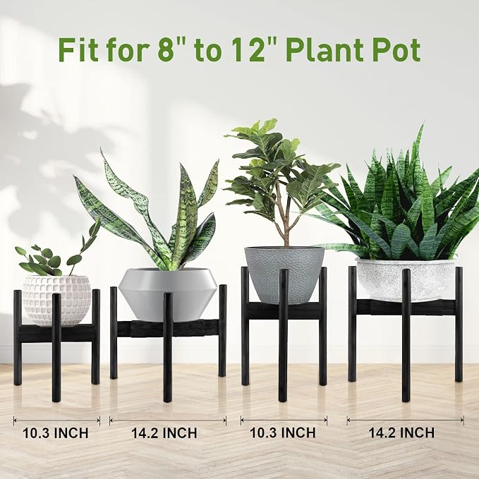 2 Pack Bamboo Plant Stands, Adjustable Plant Stand Indoor, Mid Century Modern Plant Stand, Plant Holder for Living Room, Balcony Fits 8 to 12 Inches Pots (Black)