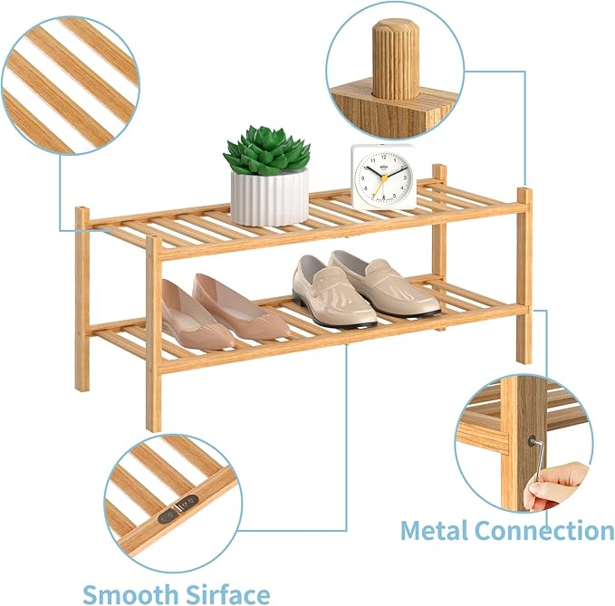 RONGJlA 2 Tier Bamboo Shoe Rack for Closet Free Standing Wood Shoe Shelf Storage Organizer for Entryway Small Space Stackable, Natural
