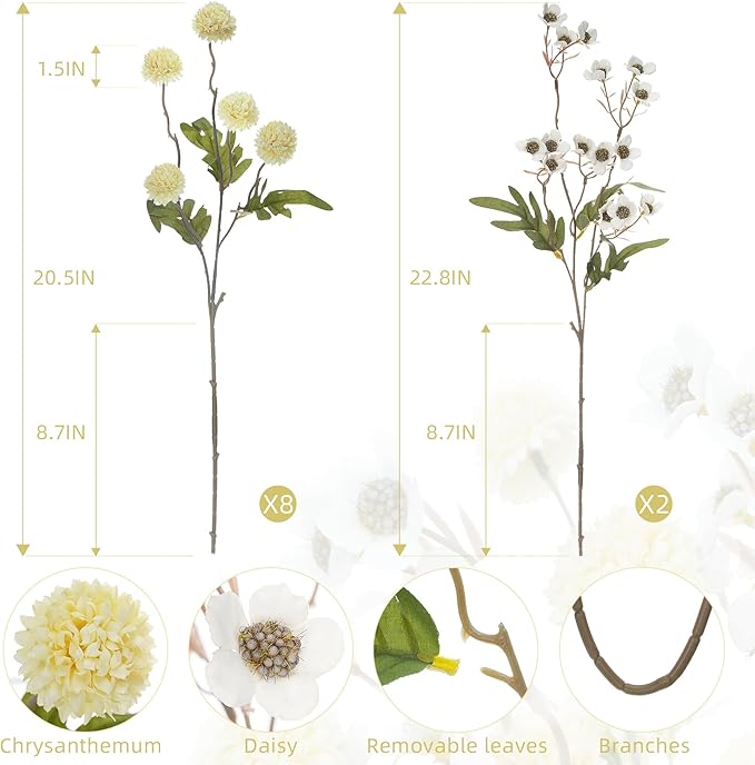 8PCS 20.5In Yellow Fake Flowers Artificial Chrysanthemum Faux Mums Matching 2PCS White Daisy Faux Flowers for Vase Fall Long Stems Flower Silk Flower for Home Decor Wedding Decor (No Vase)