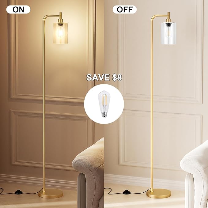 Ziisee Floor Lamps for Living Room - Standing Lamp with Seeded Glass Shade, Modern Gold Floor Lamp with LED Bulbs, Bright Industrial Floor Lamp for Bedroom, Tall Lamp for Office - Gold