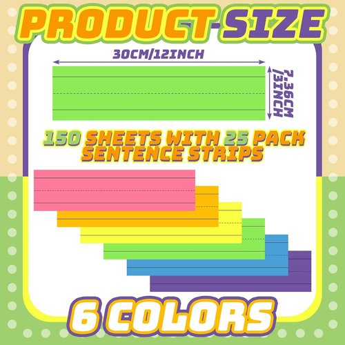 Skiennix 150 Sheets Ruled Rainbow Sentence Strips - Perfect for School & Office Use | 6 Pack