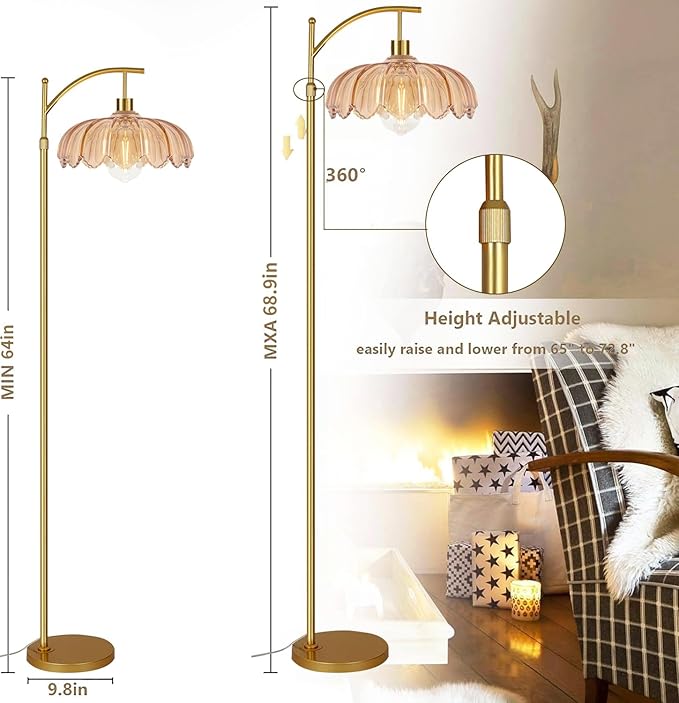 QIYIZM Glass Floor Lamp for Living Room,Bedroom,Gold Dimmable Standing Lamp with Remote,Mid Century Modern Brass Tall Lamp Boho Floor Lamps Arc Stained Flower Floor Light Lamp Bohemian
