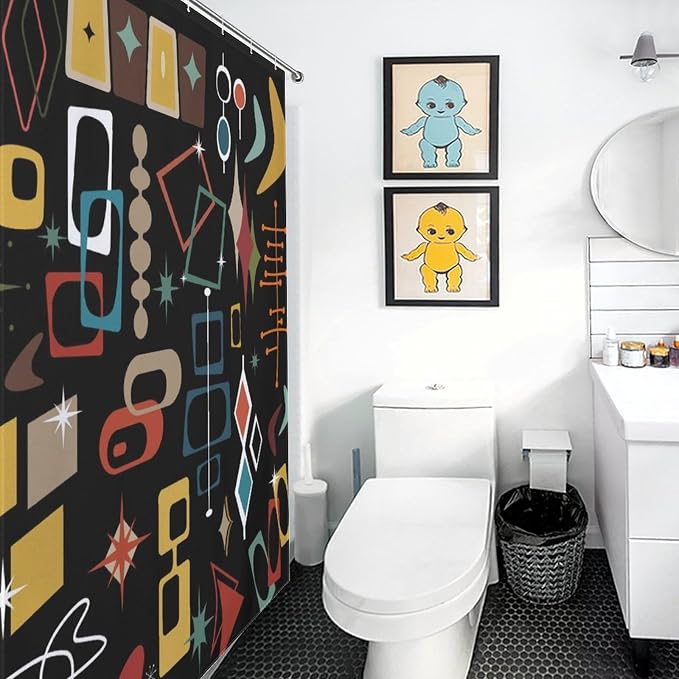 Mid Century Shower Curtain, Modern Abstract Atomic Geometric Print Pattern Colorful Black Retro 1950s 1960s Pastel Vintage Waterproof Fabric Bathroom Shower Curtain Set with Hooks, 72"x72" Inch