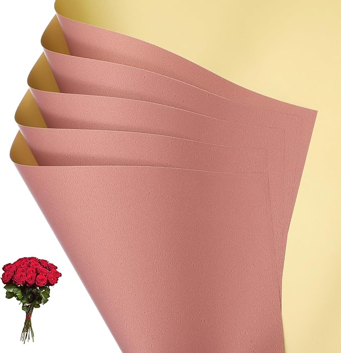 PATIKIL Flower Gift Wrapping Paper, 20 Sheets Double Sided Golden Waterproof Bouquet Paper Wrap Florist Supplies Packaging Floral Papers for Wedding DIY Craft Valentine, Dark Pink/Gold