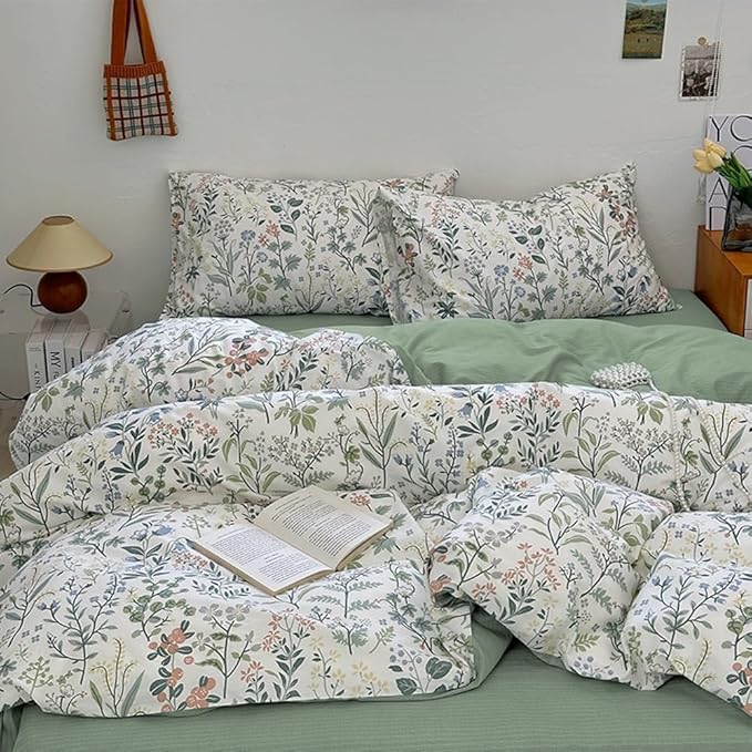 EAVD Vintage Style Garden Floral Duvet Cover Twin Girls Soft Cotton Chic Shabby Colorful Leaves Floral Bedding Set with 2 Pillowcases Fresh Botanical Duvet Cover with Zipper Closure