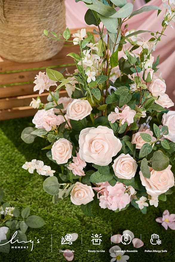 Ling's moment 41" Tall Ground Flowers for Wedding Decor, 2pcs Free Standing Artificial Flowers Arrangements, Aisle Chair Backdrop Decoration for Garden Arch Entryway Ceremony Reception, Blush & Cream