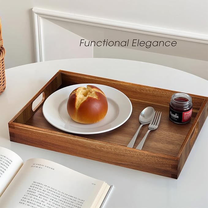 Acacia Serving Trays - 2 Pack, Acacia Wood Serving Platterss, Wood Serving Tray, Decorative Trays for Breakfast, Brunch, Dinner, Coffee Table, Party, Kitchen-M