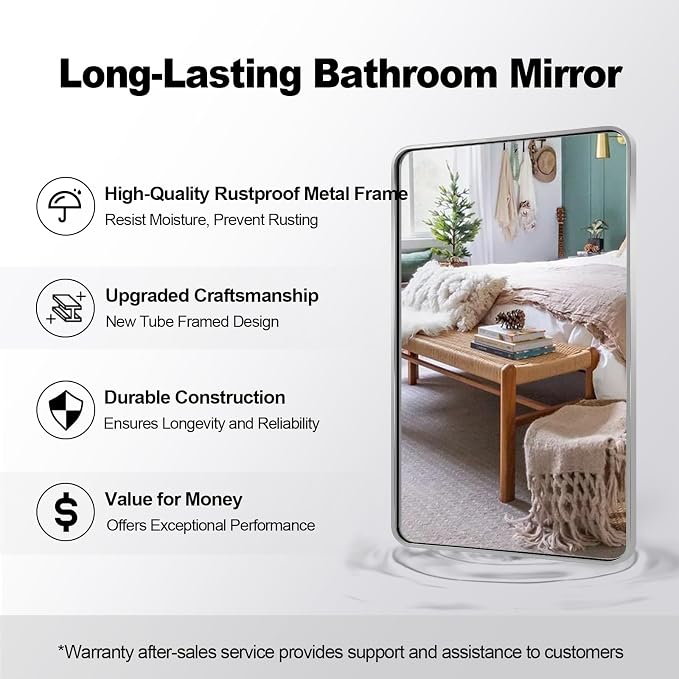 ANDY STAR 48”X30” Chrome Bathroom Mirrors, Polished Chrome Vanity Mirror, Rounded Rectangle Mirror for Wall, SUS304 Anti-Rust Tube Metal Frame, Wall Mounted Horizontal/Vertical 1’’ Deep