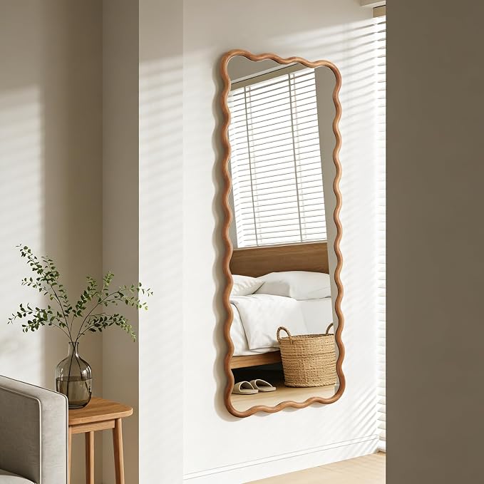 WallBeyond 24"x65" Full Length Mirror with Wood Frame, Natural Wood Wavy Mirror, Decorative Floor or Wall Mounted Mirror for Bedroom, Living Room, Entryway and Dressing Room