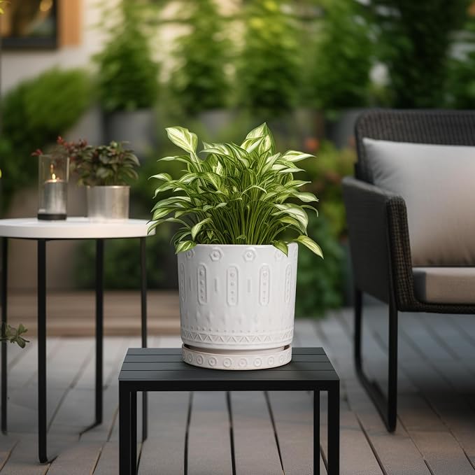 Eightpot Ceramic Planter for Indoor Plants - 8 Inch Plant Pot Outdoor Flower Pot with Drainage Holes and Saucer Modern Round Planter Succulent Pot for Home Garden Decor White