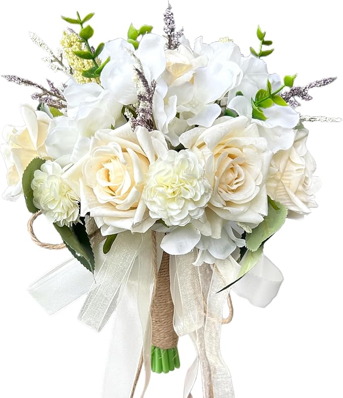 Wedding Bouquets for Bride Bridesmaid,Large Big Bridal Bouquet White Champagne Ivory Artificial Fake Silk Roses Flowers for Wedding French Vintage Boho Rustic Church Decoration Toss Bouquet (9.5in(L))