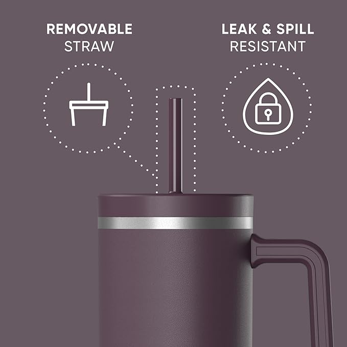 Hydrapeak Voyager 40 Oz Stainless Steel Tumbler with Handle, Insulated Water Bottle With Straw & Lid, Cupholder Friendly Reusable Travel Mug (Midnight Plum)