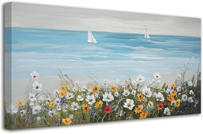 Ardemy Daisy Large Wall Art for Living Room, Floral Canvas Wall Art Ocean Flower Pictures Paintings Wall Decor Living Room Wildflower Artwork Dining Room Home Office Kitchen, 58"x29"