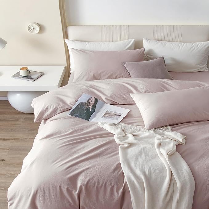 JIYUAN 100% Washed Cotton Duvet Cover Set 3 Pieces Alaska King, 1 Duvet Cover 132x120 Inches(Comforter Not Included) and 2 Pillowcases,Linen Like Comfy and Breathable,Heathered Greyish Pink