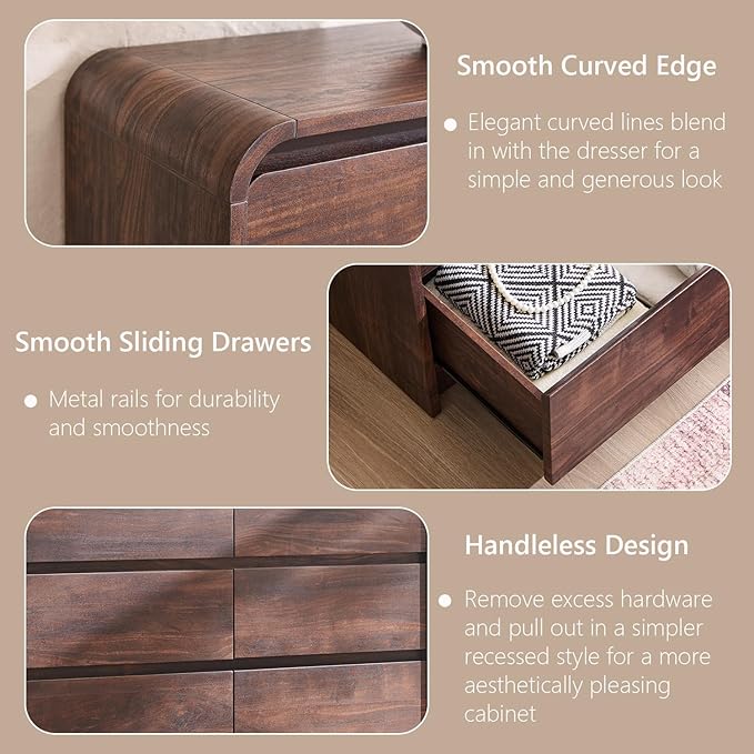 Modern 6 Drawers Dresser for Bedroom, 47" Wide Wood Dressers & Chests of Drawers w/Curved Profile Design, Mid Century Modern Dresser w/Natural Texture for Bedroom, Living Room, Brown