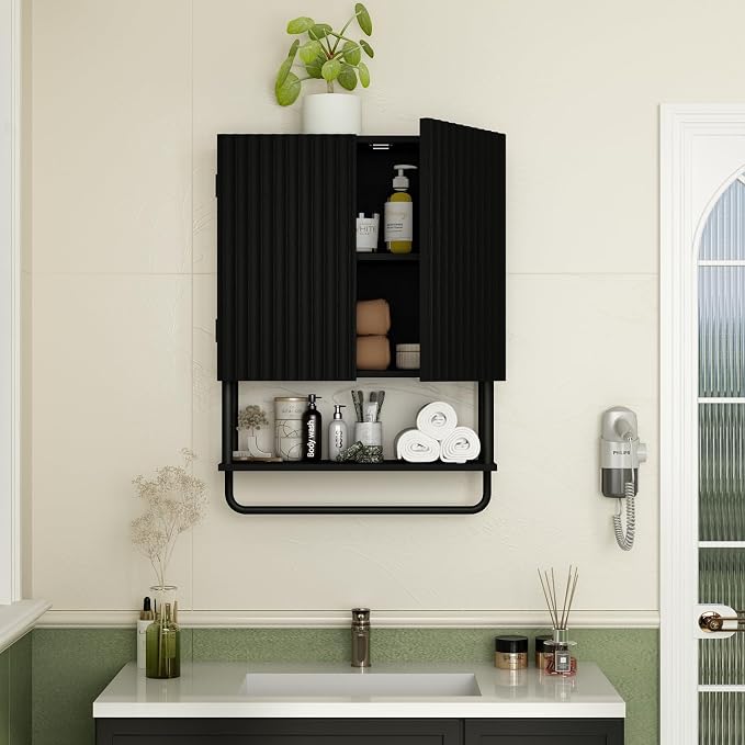 RUSTOWN Fluted Bathroom Wall Cabinet with 2 Doors, 3-Tier Modern Farmhouse Medicine Cabinet, Over The Toilet Storage Cabinet with Adjustable Shelf and Towel Bar (Black, Medium)