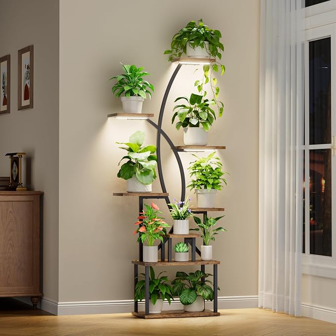 JUSTOGO Plant Stand Indoor with Grow Lights, 8 Tiered Tall Plant Shelf for Indoor Plants Multiple, 65" Large Corner Plant Stands, Metal Flower Holder Display Plant Rack for Living Room, Home, Patio