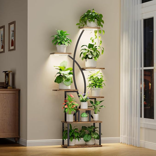 JUSTOGO Plant Stand Indoor with Grow Lights, 8 Tiered Tall Plant Shelf for Indoor Plants Multiple, 65" Large Corner Plant Stands, Metal Flower Holder Display Plant Rack for Living Room, Home, Patio