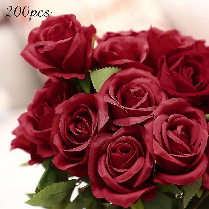 Lyrow 200 Pcs Artificial Roses Realistic Flowers Bulk Real Looking Fake Silk Rose Bouquets with Long Stem Flowers for Wedding Table Centerpieces Bridal Shower Party Home Garden Decor (Wine Red)