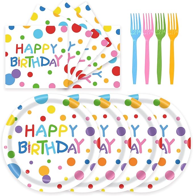 72Pcs Happy Birthday Plates and Napkins, Colorful Dots Paper Plates and Napkins Forks 7inch Disposable Cake Dessert Plates Tableware Decorations for Boys Girls Birthday Party, Serve 24