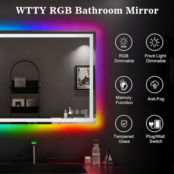 WTTY LED Bathroom Mirror 48"x32" with RGB Backlit and Front Light,Stepless Dimmable LED Mirror for Bathroom,Colored Lighted Bathroom Vanity Mirror,Anti-Fog,Memory Function,Shatter-Proof