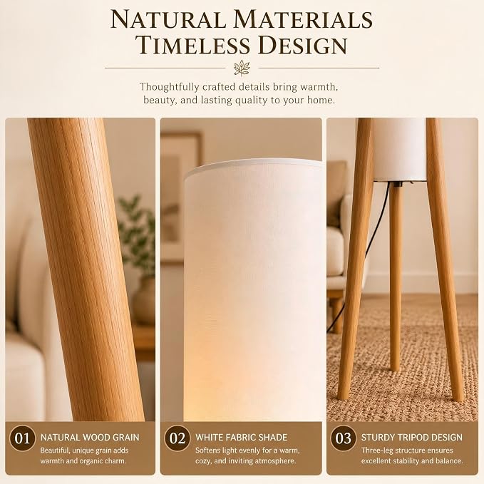 BOFEA-50 Floor Lamps for Living Room,Nordic Modern Floor Lamp,Tall Standing Boho Lamp with Fabric Shade,3 Color Art Standing Lamps,Farmhouse Wood Floor Lamp for Bedroom Office Corner