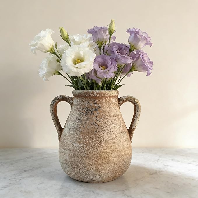 Ceramic Flower Vase Home Decor - 7.5 Inch Farmhouse Rustic Table Vases Living Room Decoration Decorative Vintage Pottery for Kitchen Shelf Coffee Dining Bookshelf Fireplace Centerpiece (Rustic-7.5")