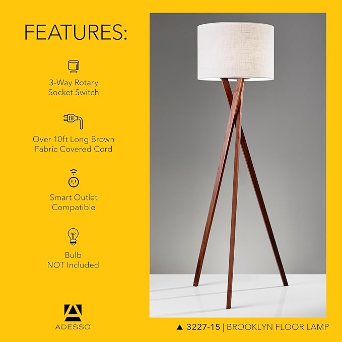 Adesso Floor Lamp with Walnut Tripod Base and White Linen Lampshade – Lamp for Bedroom, Living Room, and House Décor, 63” x 20”