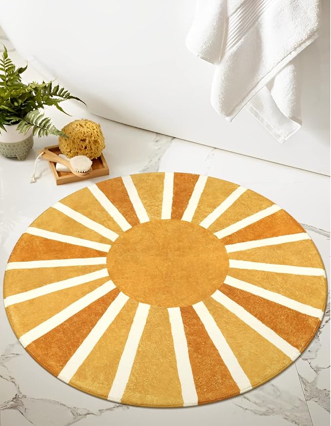 Lahome Sun Round Rug: 3ft Washable & Non-Slip Distressed Boho Rainbow Sun Print for Nursery, Bedroom, Bathroom, Living Room, Entryway & Accent Sofa