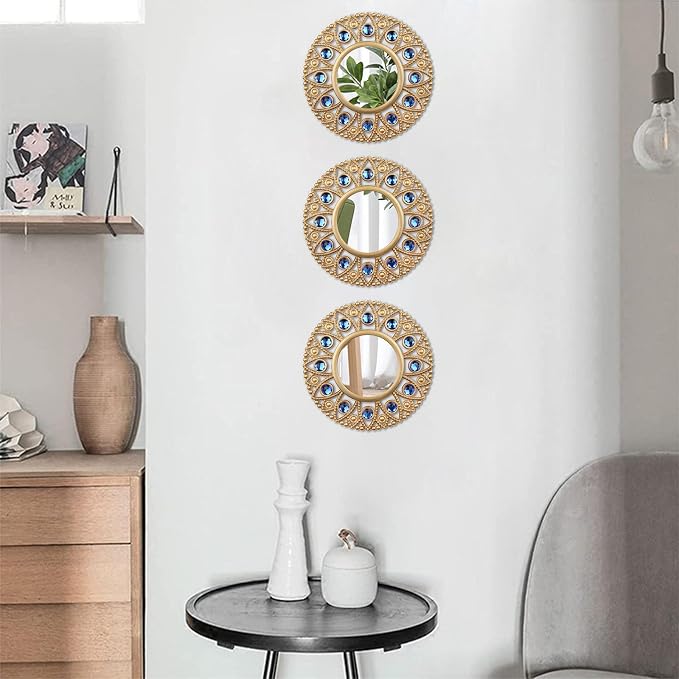 DXYAKY Gold Round Decorative Wall Mirrors Set of 3, Lightweight Plastic Framed Mirrors with Blue Crystal Accents, 9.8 Inch Vintage Boho Wall Decor for Livingroom, Bedroom, Entryway