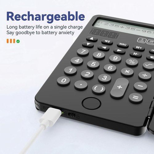 NEWYES Portable Calculator - Rechargeable Solar Power Desk Calculator with Notepad | 2-Line 12-Digit Display (Black)