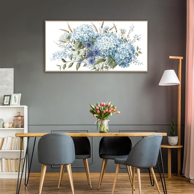 VEAEE Framed Flowers Canvas Wall Art - Blue Floral Canvas Pictures, Living Room Wall Decor, Blue Hydrangea Botanical Canvas Prints Painting Abstract Artwork Bedroom Office Home Decor 24"x 48"