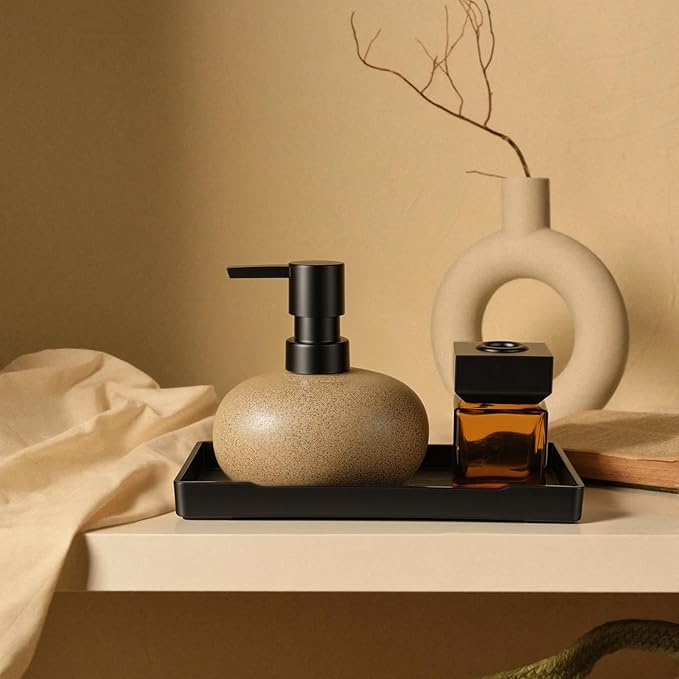 Bathroom Countertop Soap Dispensers Set, 300ml Ceramic Soap Dispenser with Amber Glass Bottle & Black Tray, Brown Ceramic Hand Soap Dispenser for Kitchen and Bathroom Counter