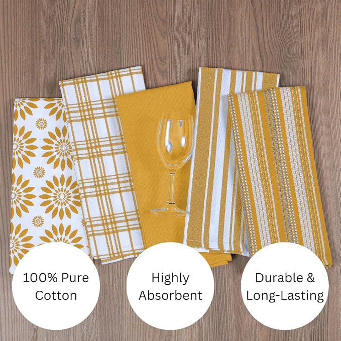 Assorted Kitchen Towels Set of 5-100% Cotton Dish Cloths Towels with Hanging Loop - Soft, Absorbent & Washable for Kitchen Use - Quick Drying Dish Towels 16x26 Inch Mustard Yellow