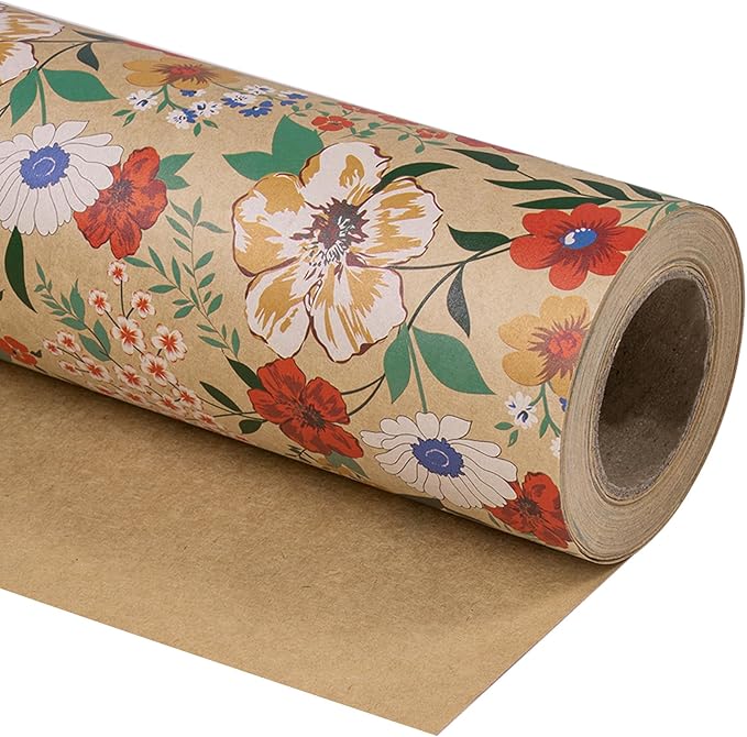 WRAPAHOLIC Kraft Floral Wrapping Paper Roll - Mini Roll - 17 Inch x 9.8 Feet - All Occasion Flower Wrapping Paper for Wedding Bridal Shower Birthday