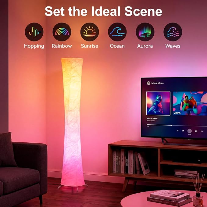 61'' Round Floor Lamp, RGB LED Corner Floor Lamp with Music Sync, 16W+ Colors & 3 Color Temperatures, APP & Remote Control, Modern Standing Lamp for Living Room Bedroom