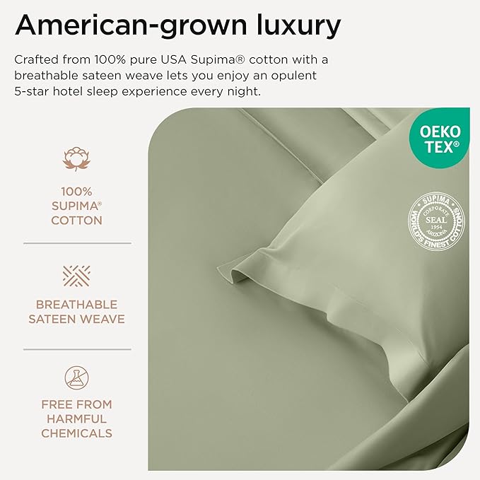 Threadmill Supima Cotton Sheets, 1200 Thread Count Soft 100% Cotton Sheets for Cal King Size Bed, 4 Pc Sage Green Cal King Bed Sheets Set, 5-Star Hotel Quality with Elasticized Deep Pocket King Sheet