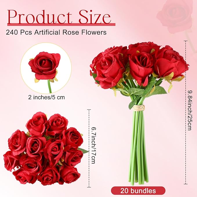 Jexine 240 Pcs Artificial Rose Flowers Bouquet Silk Realistic Flowers Bulk Centerpieces DIY Bride Fake Rose for Home Bridal Wedding Party Decorations(Red)