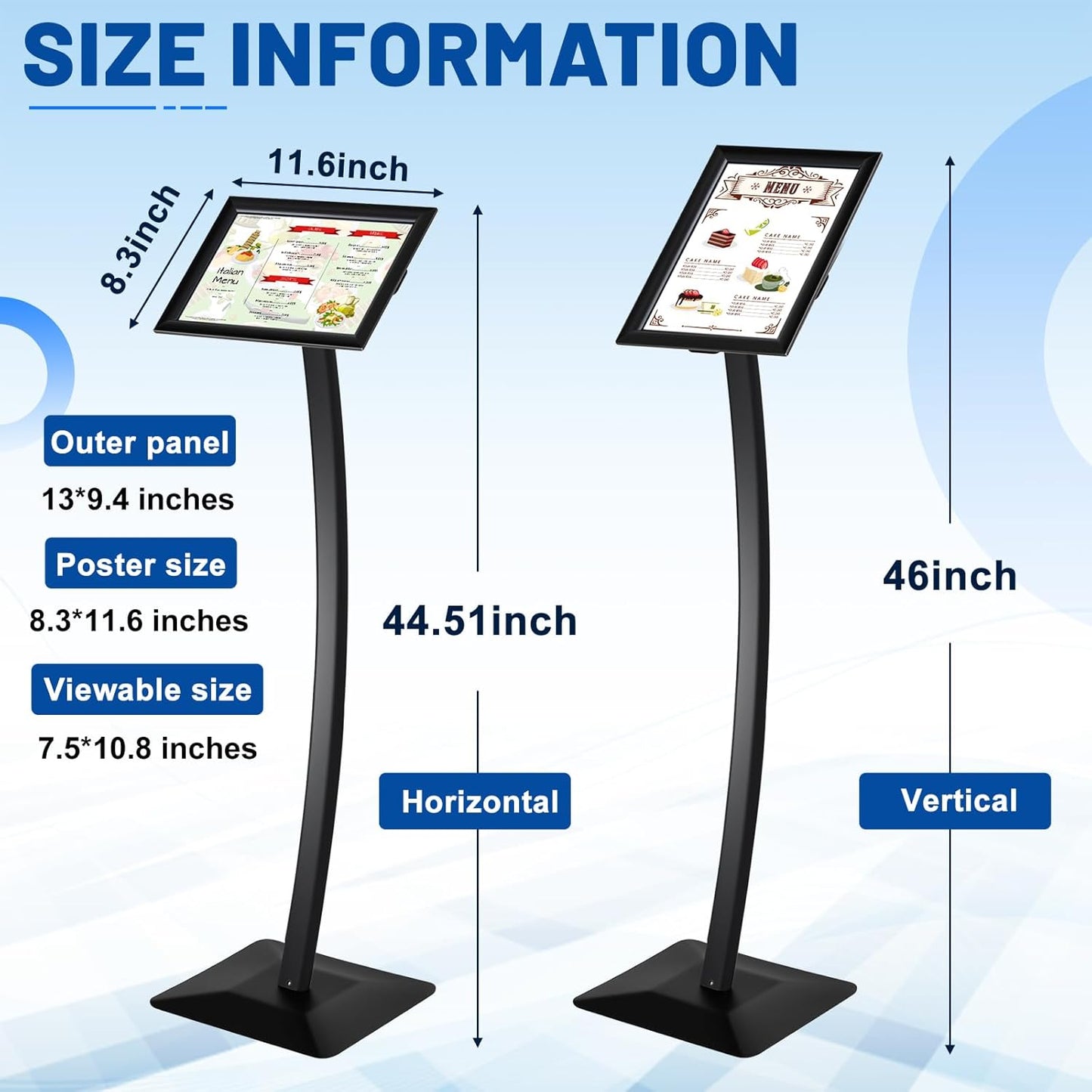 Yaocom Curved Menu Board - Heavy Duty Floor Stand Sign Holder | 8.5 x 11 Inches, Black Aluminum Alloy