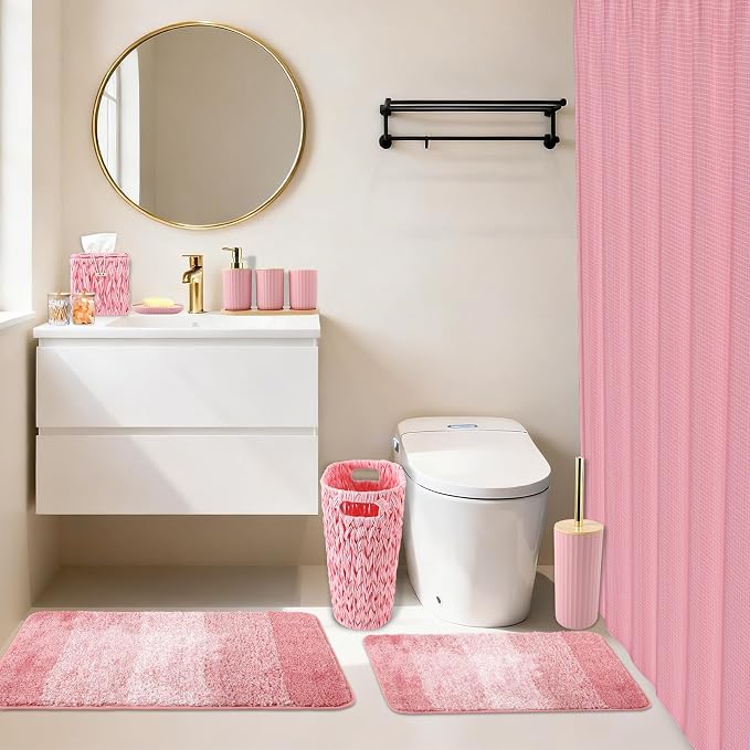 Bathroom Accessories Set, 25PCS Wicker Bathroom Accessory Set with Shower Curtain, Bath Mat, Soap Dispenser, Handwoven Trash Can & Rattan Tissue Box (Pink, Bath Set+Shower Curtain+Rugs)