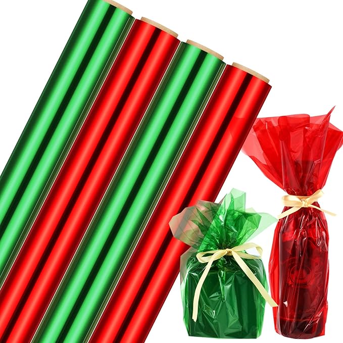 Cholemy 4 Rolls Christmas Cellophane Warp - 100ft Long x 31.5in Wide Green Red Transparent Cellophane Wrap 2.3 Mil Gift Basket Wrapping Paper Roll Plastic Wrap for Art Treats Christmas Decoration