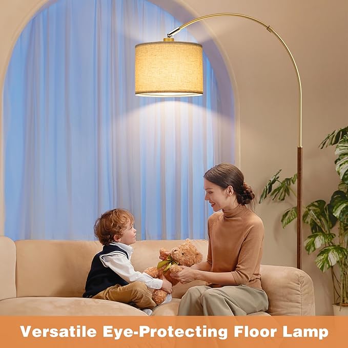 Ambimall Dimmable Arc Floor Lamp with Remote, Color Temperatures and Brightness Adjustable, Arched Floor Lamp with Rotating Head, Over Couch Arched Reading Light for Living Room (Gold and Wood Grain)