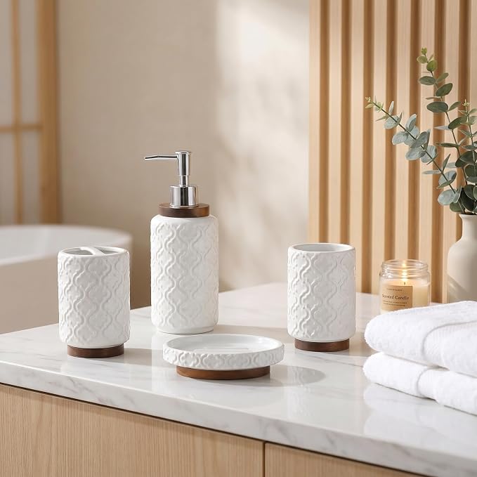 RQYIXI 4 Piece Bathroom Accessories Set, White Ceramic Bath Accessory Set with Wood Accents, Soap Dispenser, Toothbrush Holder, Tumbler and Soap Dish, Elegant Bathroom Countertop Decor