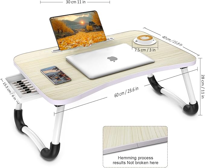 Fayquaze Portable Foldable Laptop Bed Desk with Storage Drawer and Cup Holder - Lap Desk Laptop Stand Tray Table for Eating, Reading and Working